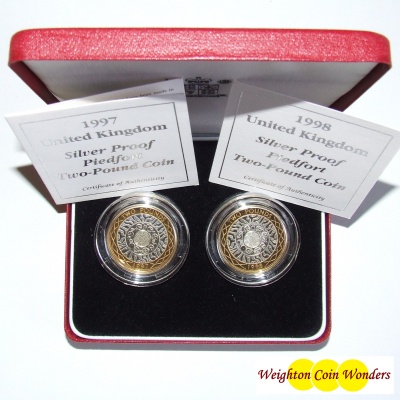 1997 and 1998 Silver Proof PIEDFORT £2 Coin Set - Click Image to Close